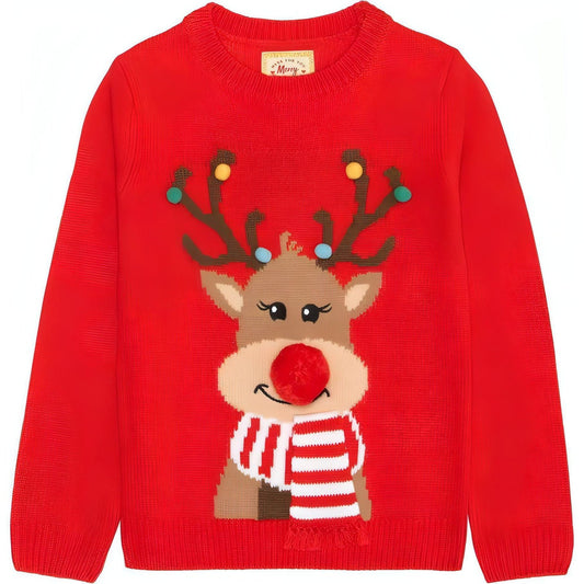 Christmas Reindeer Pom Pom Junior Christmas Jumper Red Kids Sweater Sweatshirt - Ghemy.co.uk