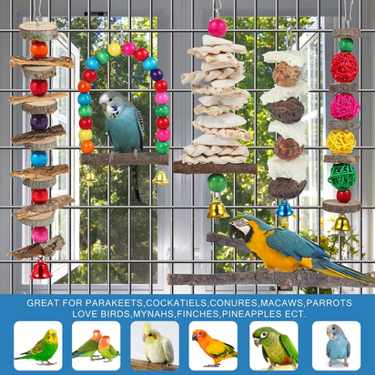Bird Perch and Toy Set - 6 Piece Wooden Chew Toys and Perch Stand for Small to Medium Birds Including Parakeets, Conures, Cockatiels, Lovebirds, Parrotlets, Budgies, and Finches - Ghemy.co.uk