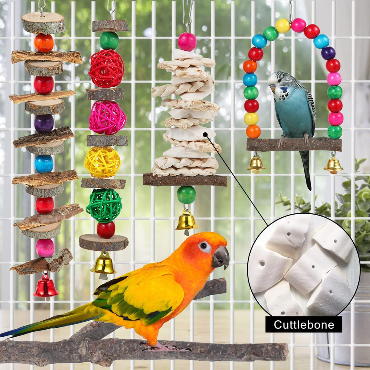 Bird Perch and Toy Set - 6 Piece Wooden Chew Toys and Perch Stand for Small to Medium Birds Including Parakeets, Conures, Cockatiels, Lovebirds, Parrotlets, Budgies, and Finches - Ghemy.co.uk