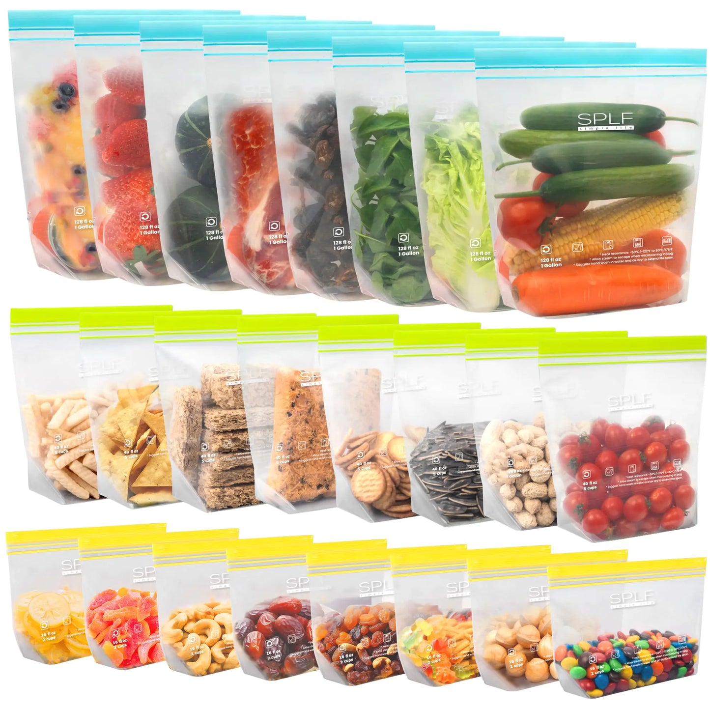 SPLF 24 Pack Reusable Food Storage Bags Dishwasher Microwave Safe BPA Free Reusable Freezer Bags Silicone Free Containers for Meal Prep Fridge Kitchen Organization - 8 Gallon 8 Sandwich 8 Snack - Ghemy.co.uk