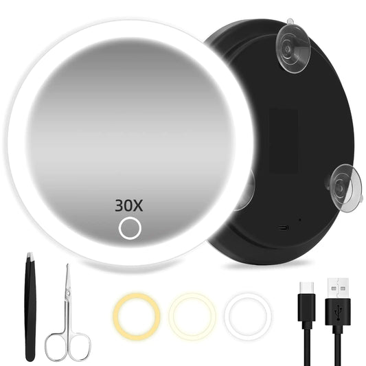 30X Magnifying Mirror with Lights 6inch Large Makeup Magnifying Mirror Lighted 30X High Magnifying Mirror Travel Magnifying Mirror with Lights 30X Portable LED Magnified Mirror with 3 Suction Cups - Ghemy.co.uk
